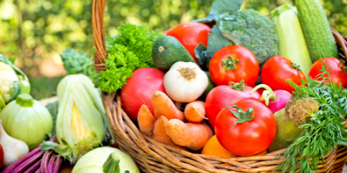 Basket filled with leafy green vegetables, tomatoes, carrots, cucumber, and garlic